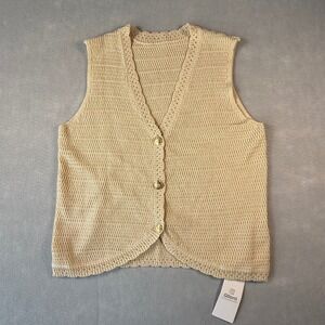 Womens Knit Vest Beige Tan V-Neck Button Scalloped Hem Small Bohemian Cottage